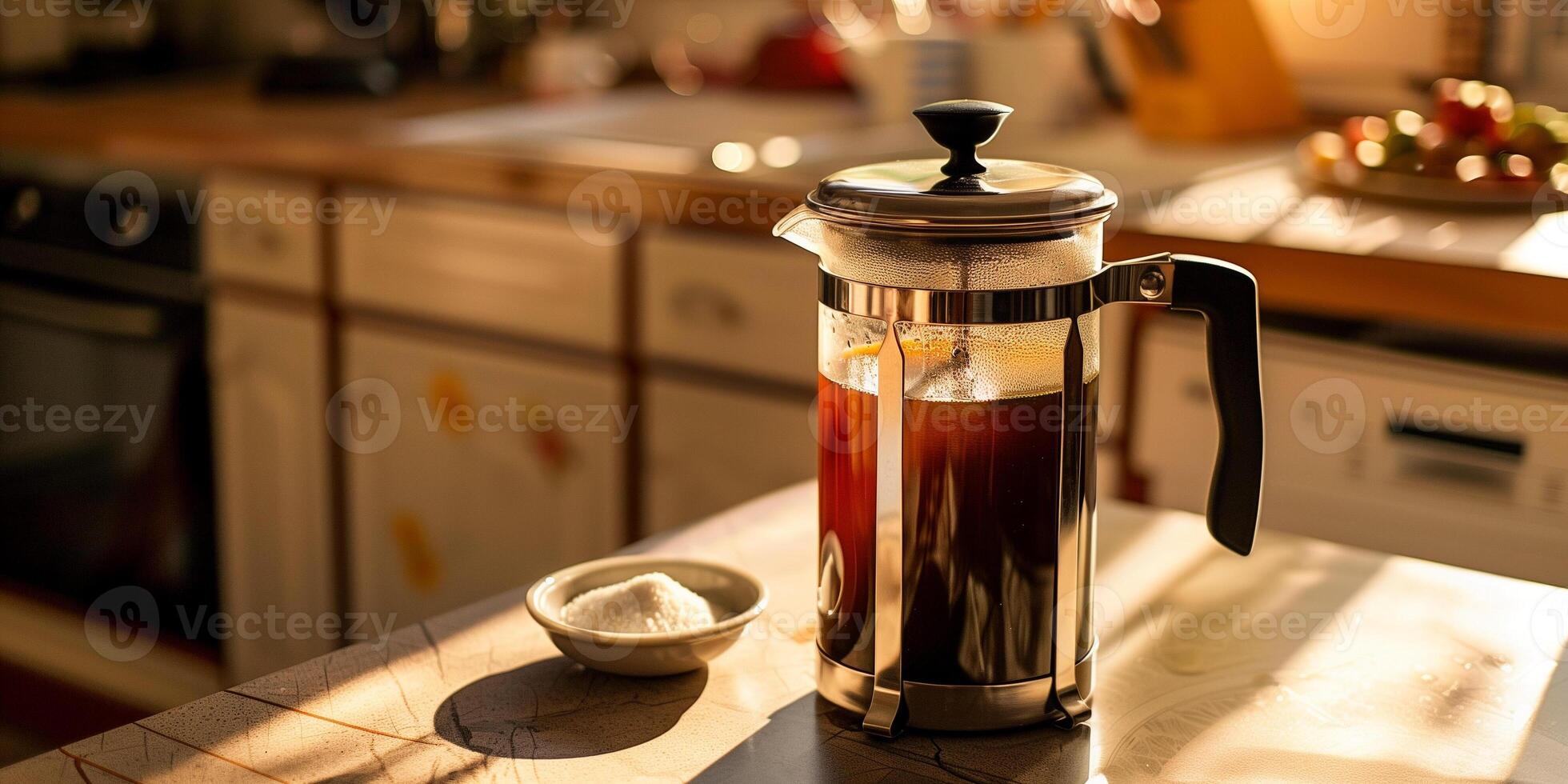 French press full of brewed coffee, resting on a kitchen counter near a small bowl of sugar, photorealistic food photo