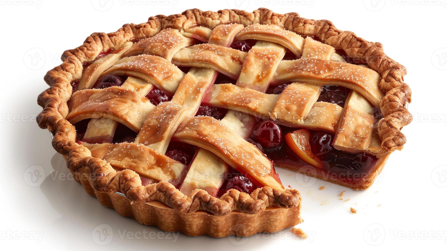 Frozen pie with lattice crust partially sliced to show fruit filling, gastronomy photography photo
