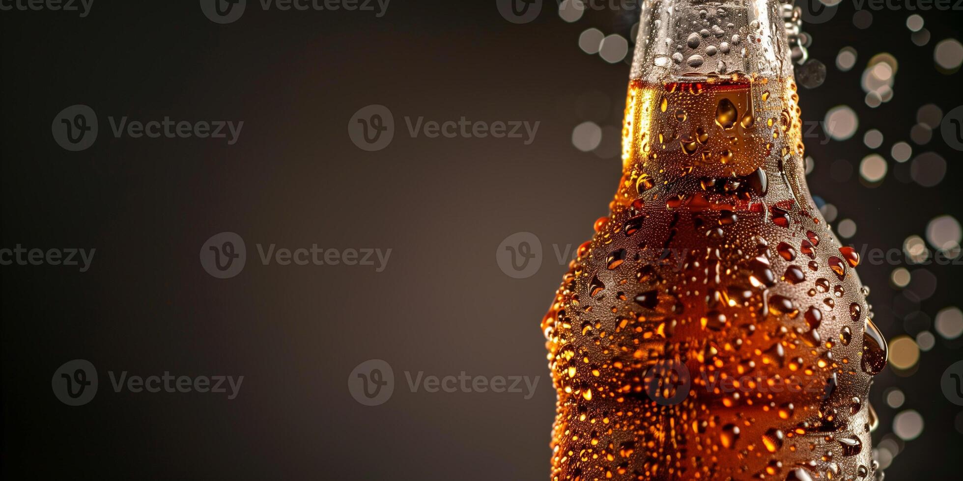 Glass bottle with clear carbonated beverage and condensation, gastronomy photography photo