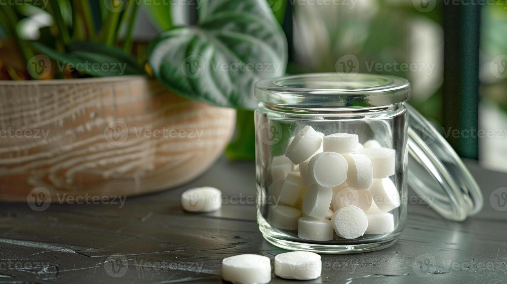 Group of white mints in a clear glass container with a hinged lid, gastronomy photography photo