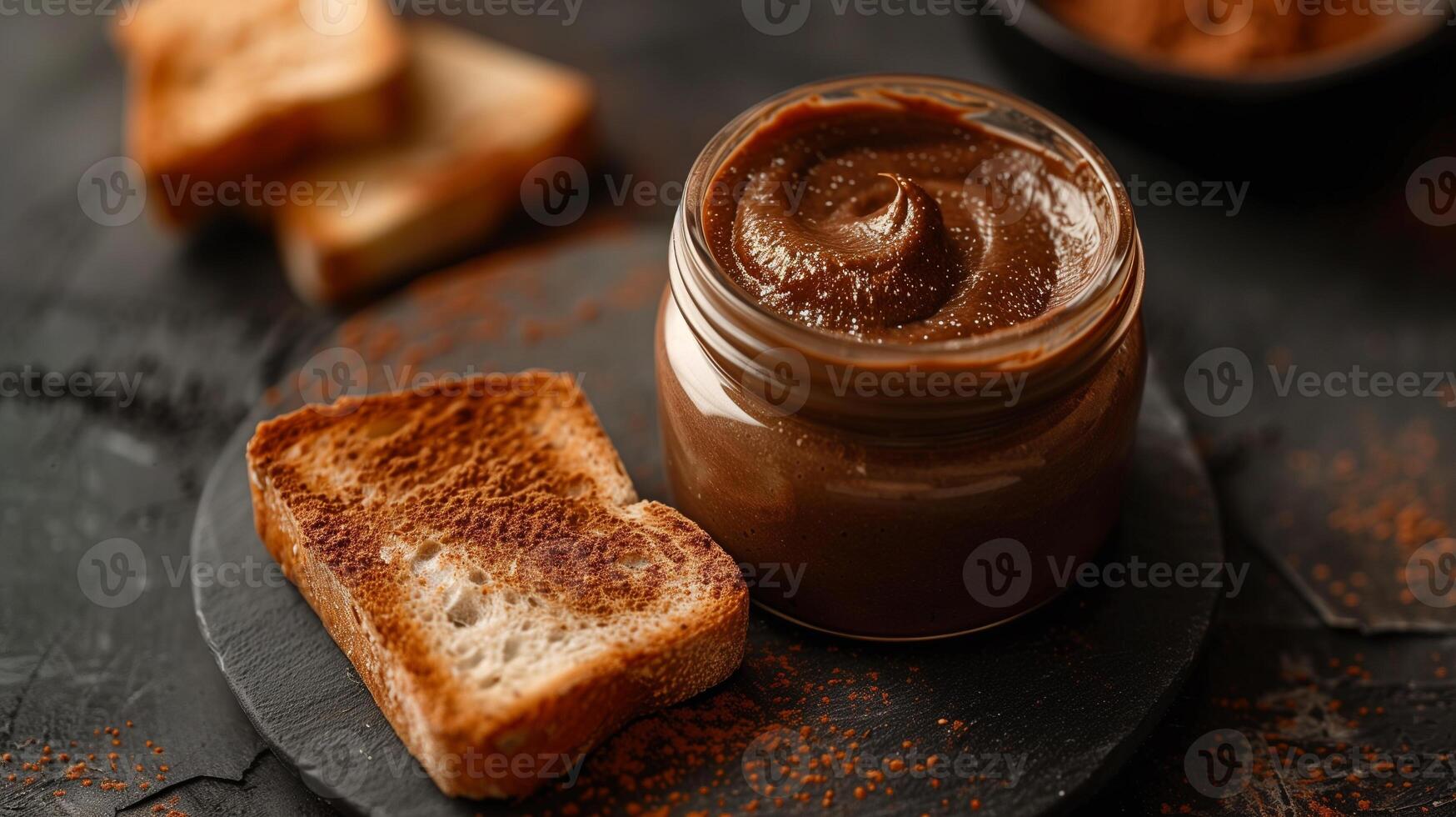 Jar of cocoa spread with lid removed, sitting next to toasted bread, gastronomy photography photo