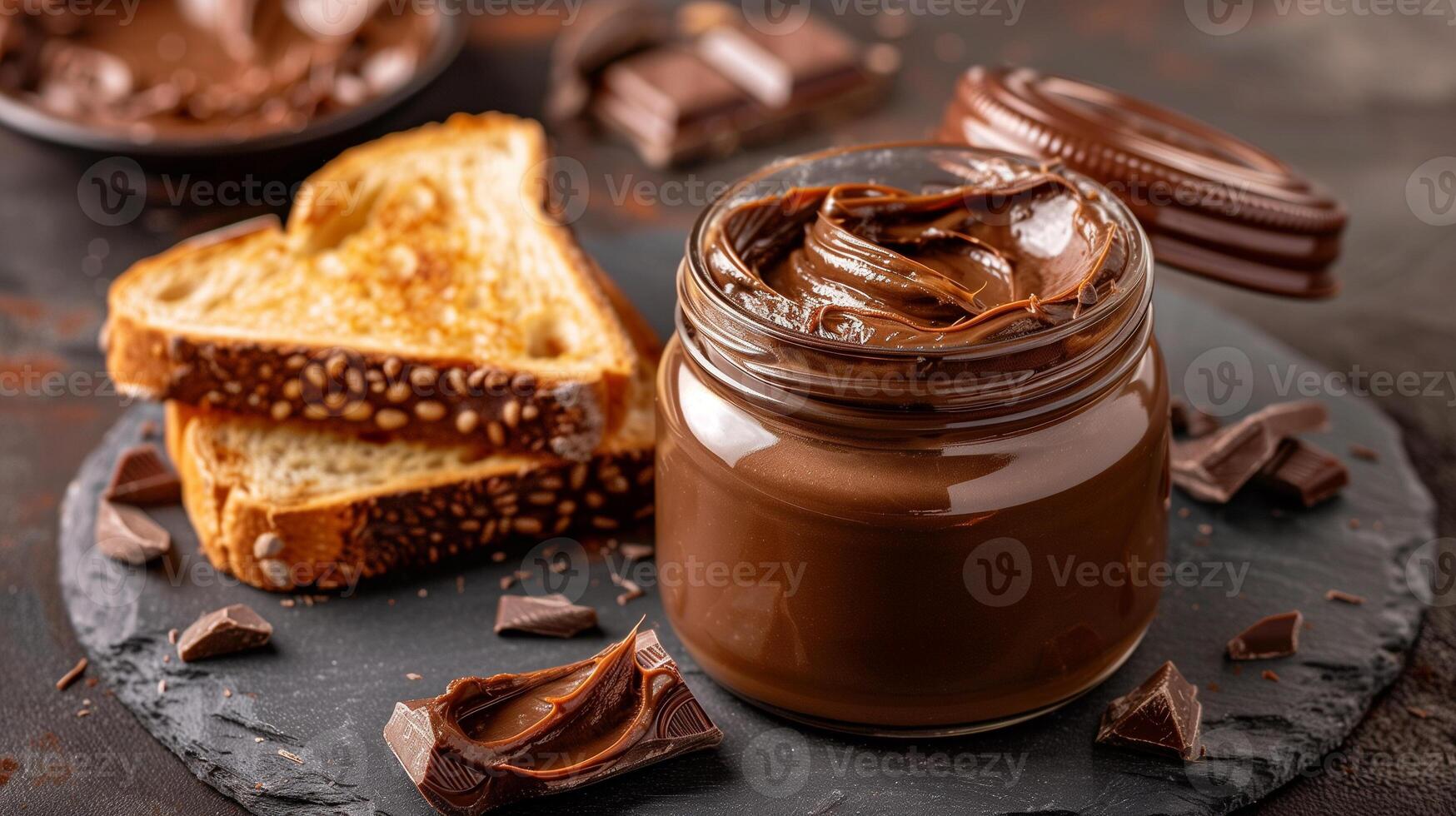 Jar of chocolate spread with lid removed, sitting beside a slice of toasted bread, photorealistic food photo