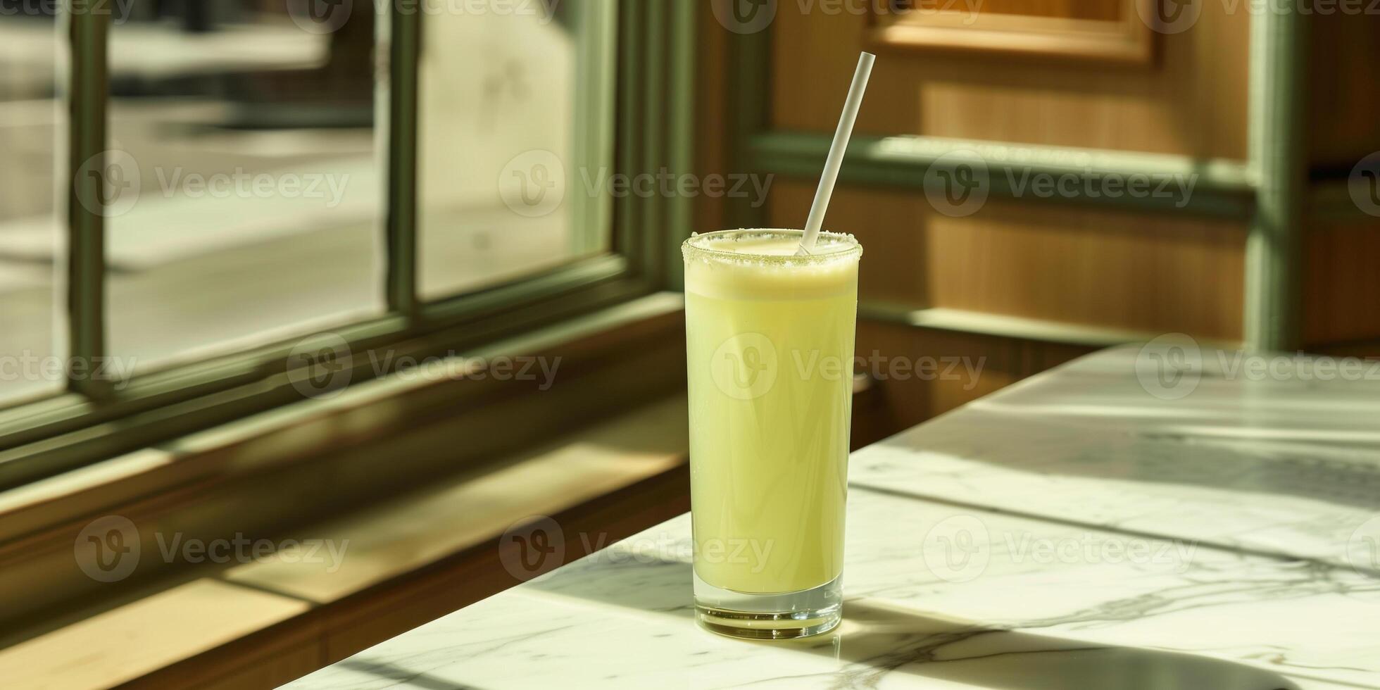 Tall glass with a straw, containing a light green liquid, placed on a marble table, gastronomy photography photo