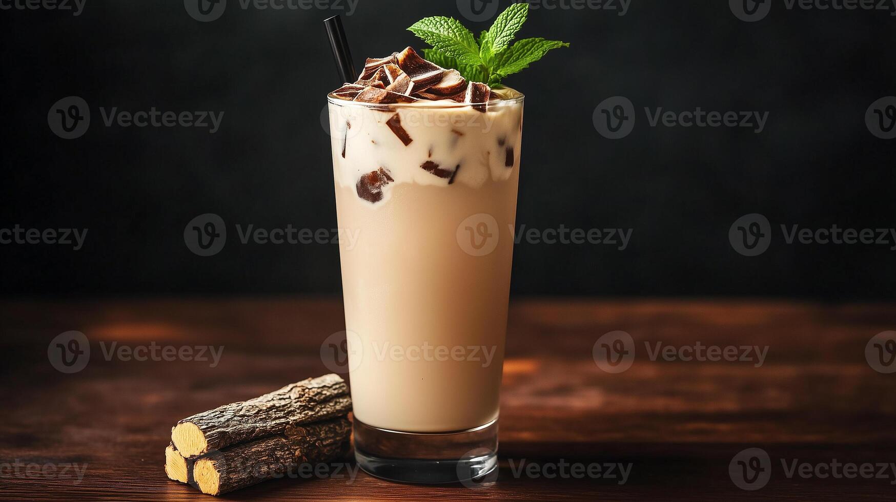 Tall glass with a creamy drink, garnished with peppermint pieces and a stack of bark, photorealistic food photo