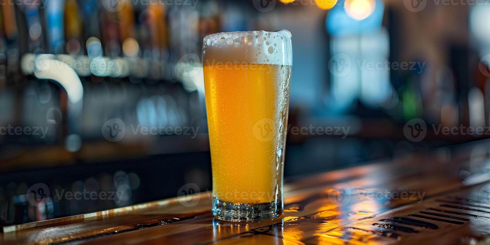 Tall glass of golden lager on a wooden bar with condensation forming on the glass, gastronomy photography photo