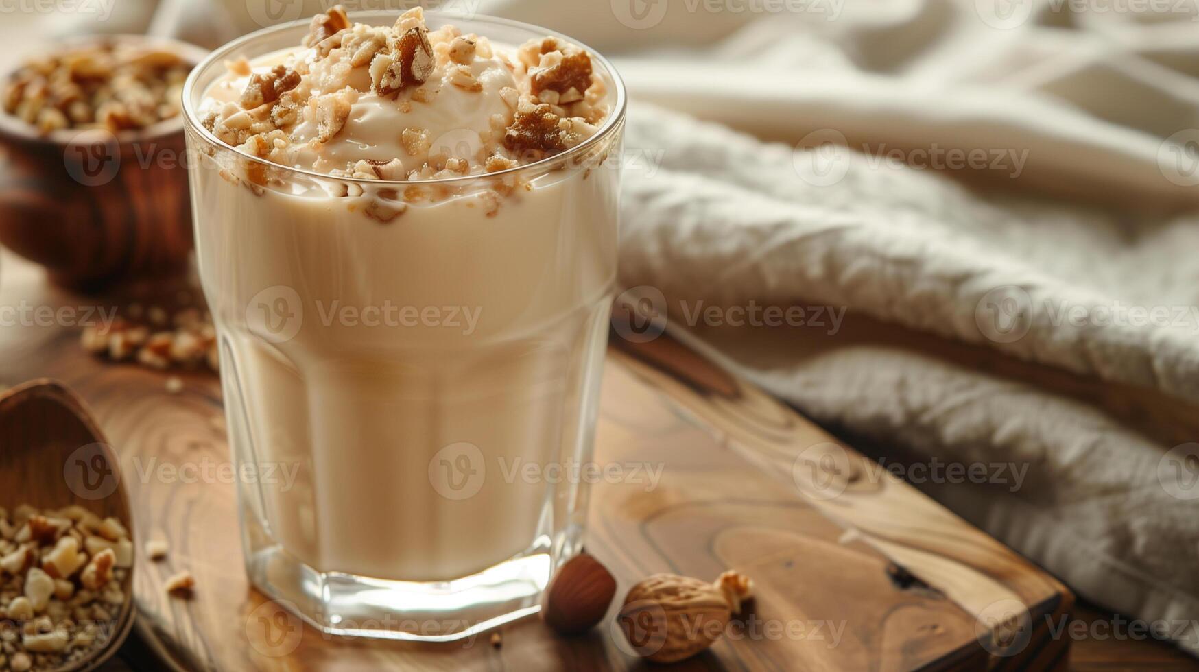 Thick, beige liquid in a glass, topped with crushed nuts, displayed on a wooden board, gastronomy photography photo