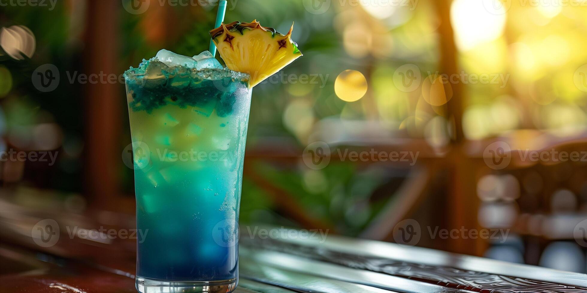 Tall glass with layers of blue and green liquids, topped with a pineapple slice, photorealistic food photo