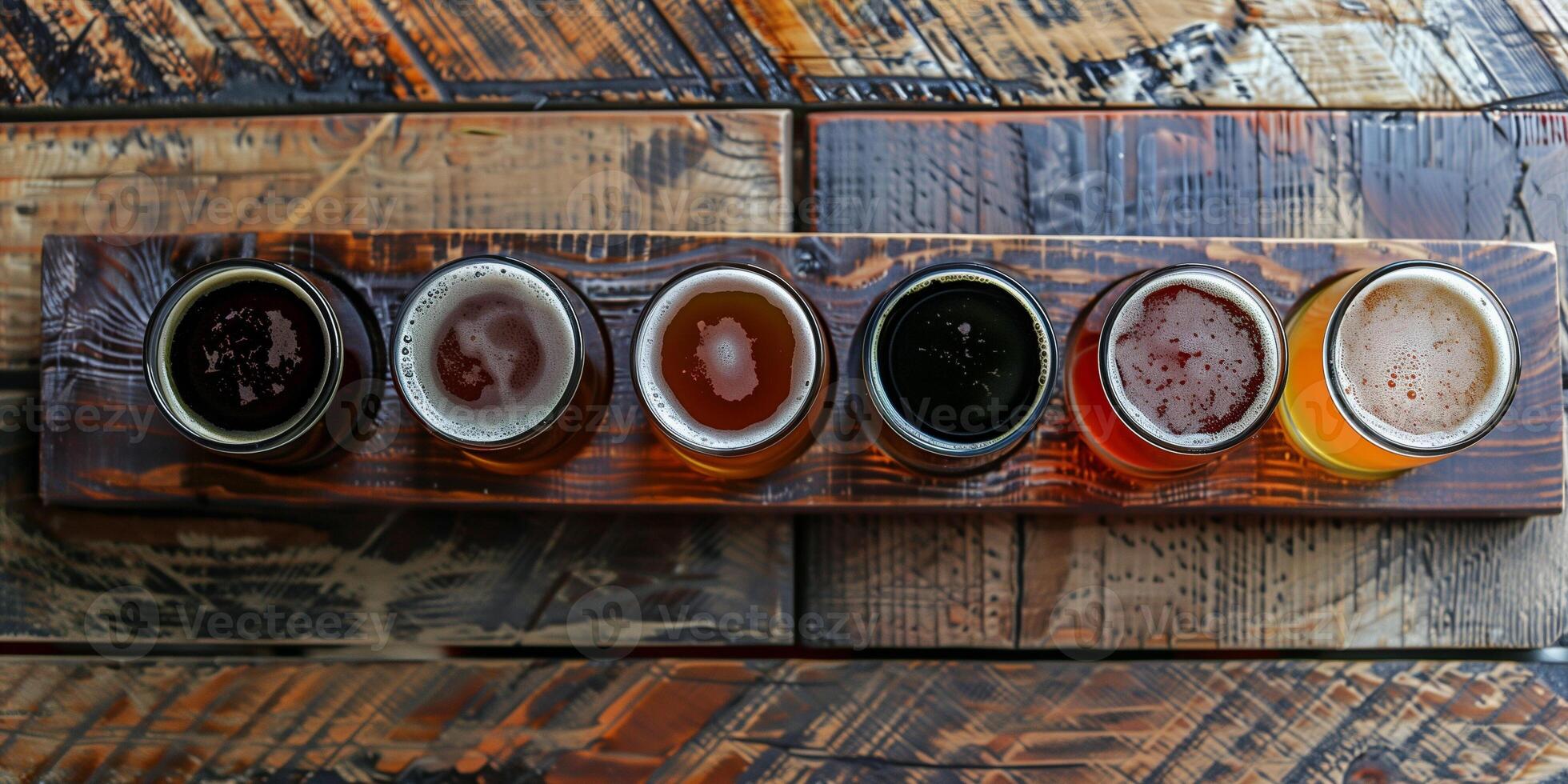 Top-down view of a craft beer flight, showcasing five different varieties, gastronomy photography photo