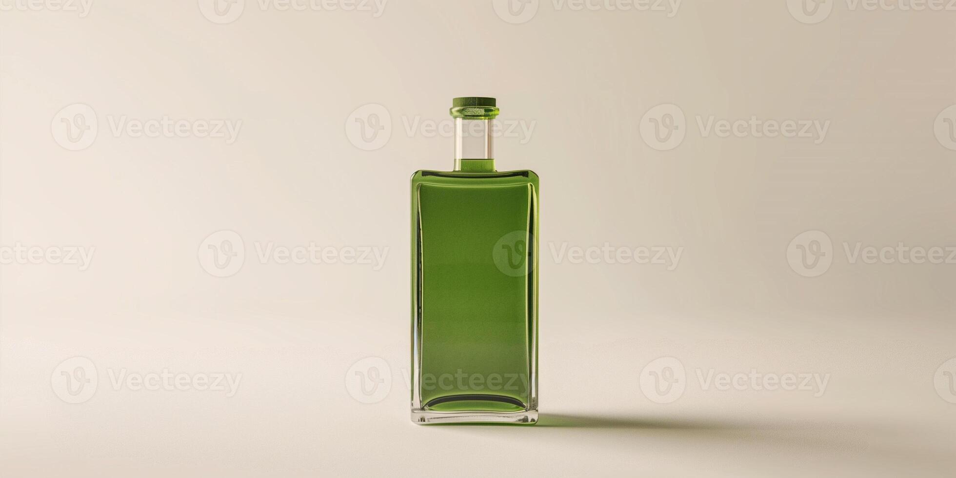 Transparent bottle containing a green liquid, positioned upright on a plain white background, photorealistic food photo