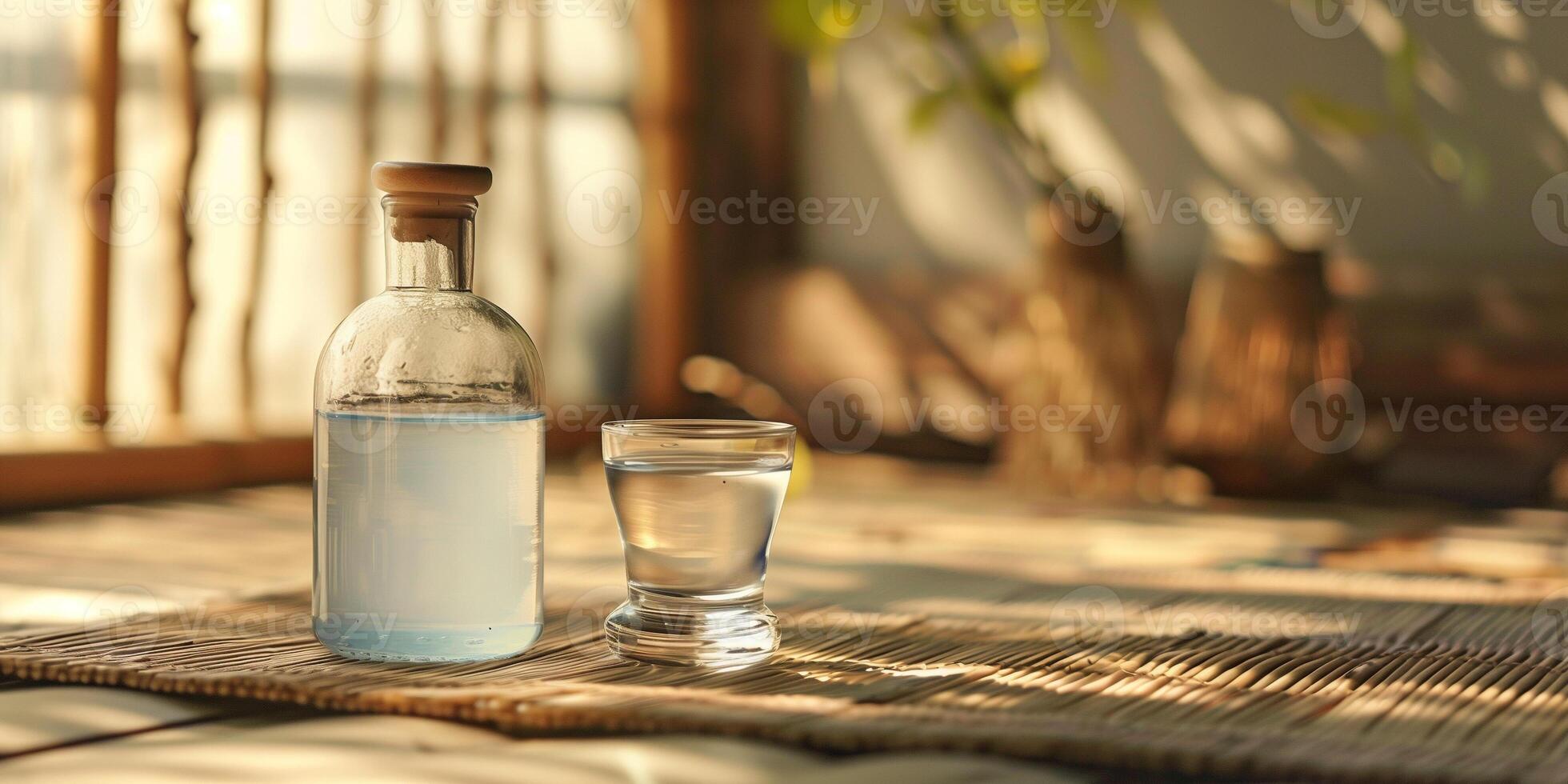 Traditional Korean soju bottle with a glass of clear liquid on a bamboo mat, gastronomy photography photo