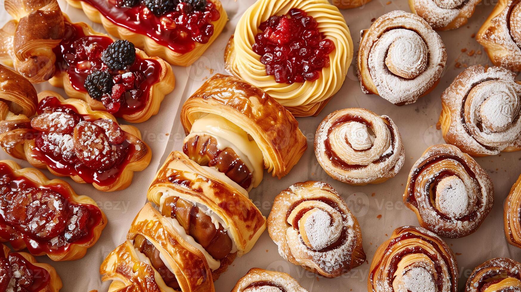 An assortment of Danish pastries on a tray, each with different fillings and shapes, photorealistic food photo