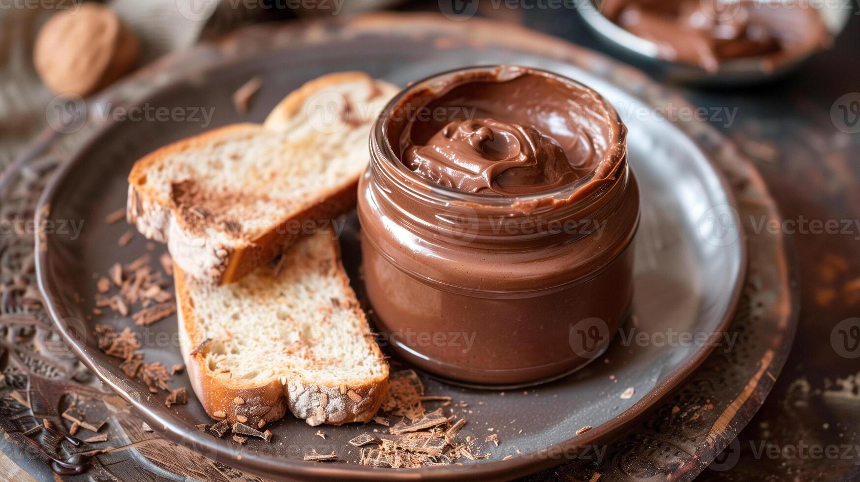Open jar of cocoa spread with portion spread on slice of bread on plate, gastronomy photography photo