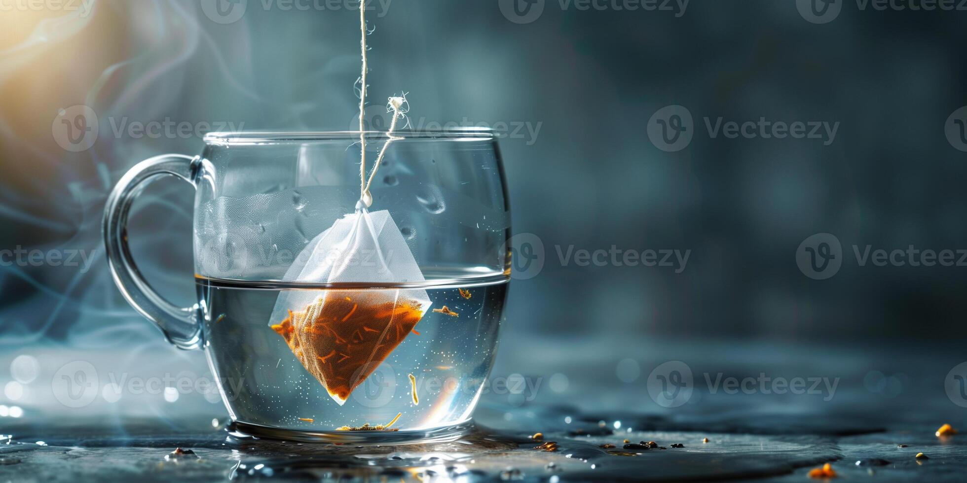 Herbal tea teabag submerged in a glass cup of water with the string hanging over the side, photorealistic food photo
