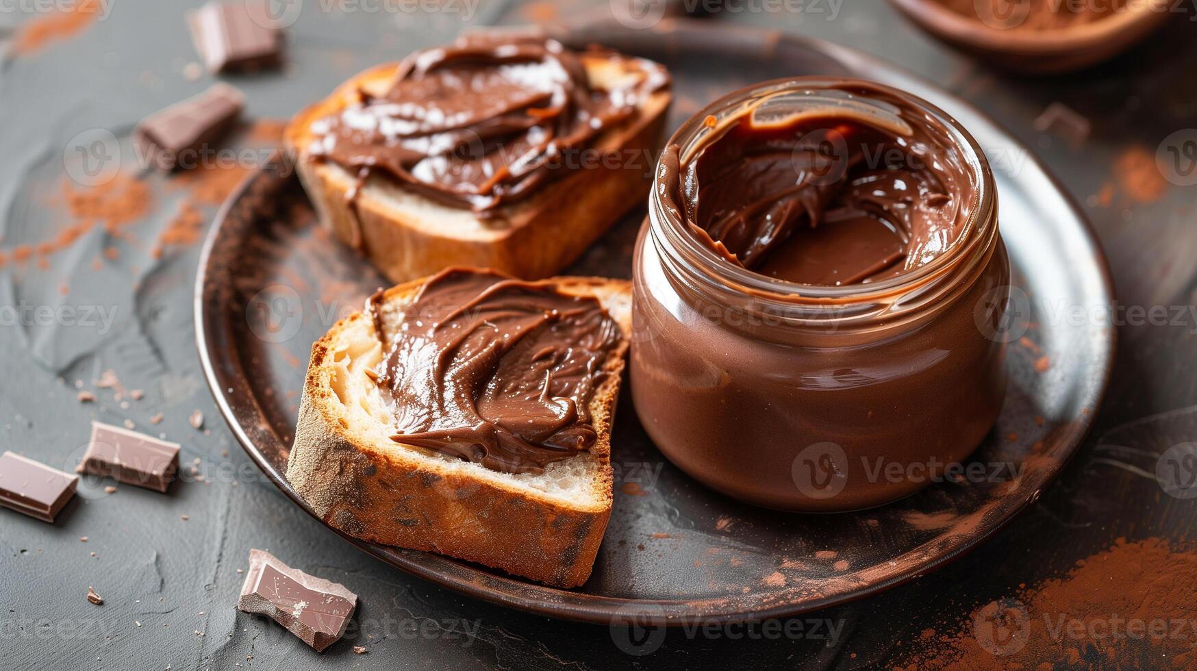 Open jar of cocoa spread with portion spread on slice of bread on plate, photorealistic food photo