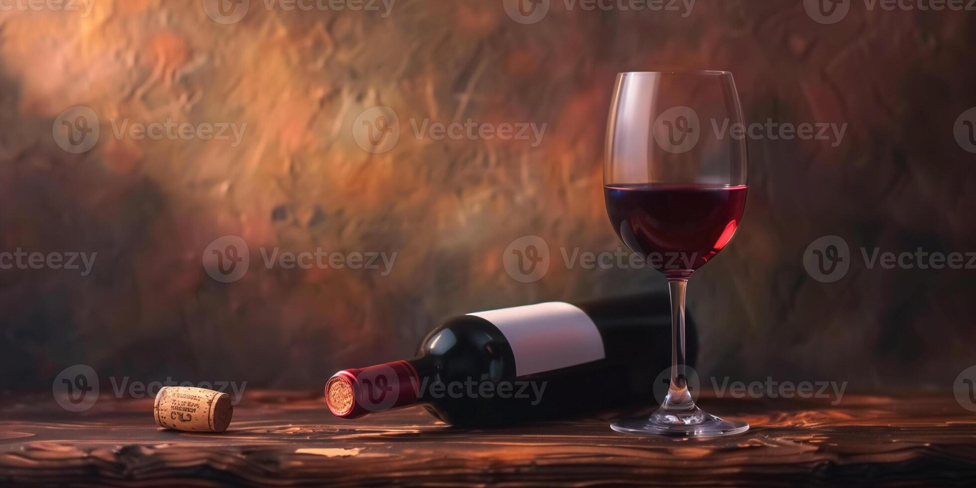 Red wine in a glass, positioned beside an uncorked bottle and a cork on a table, gastronomy photography photo
