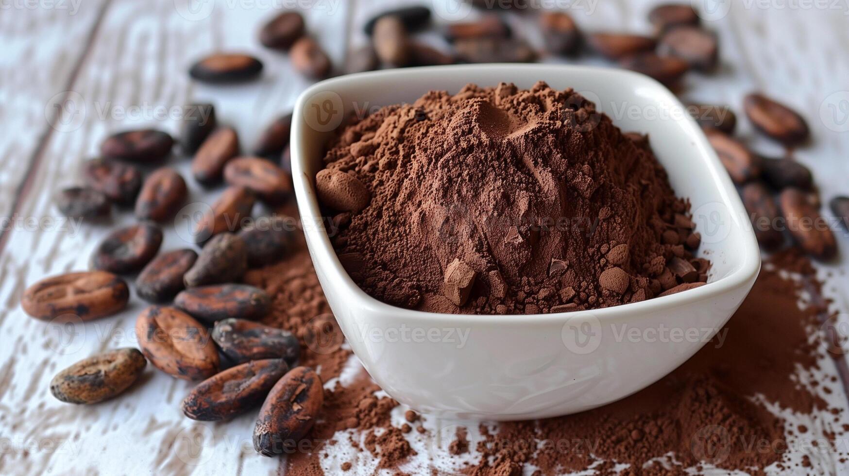 Roasted cocoa beans and raw cocoa powder arranged on a white dish, gastronomy photography photo