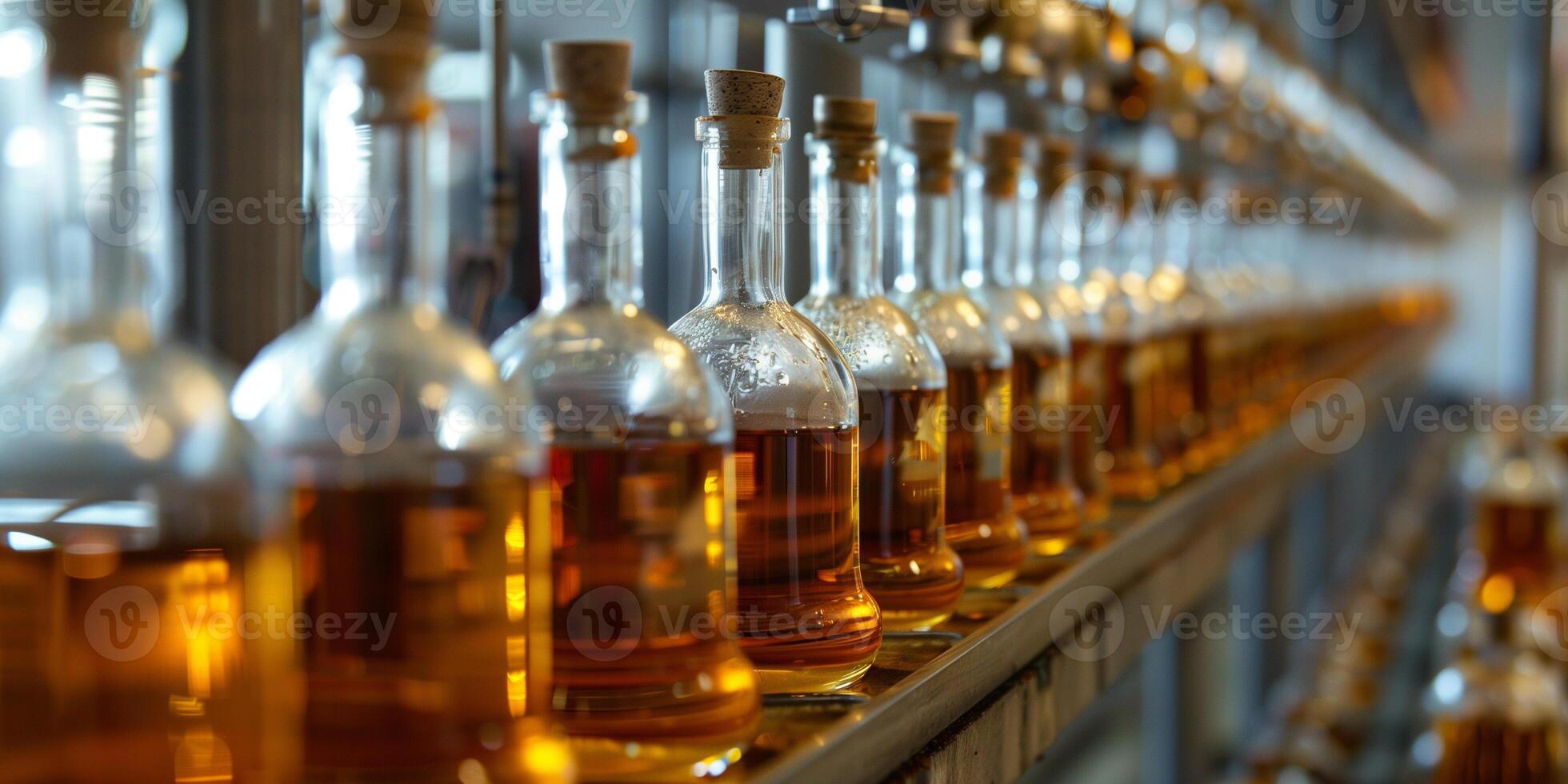 Row of small-batch bottles in a craft distillery, with visible condensation, photorealistic food photo