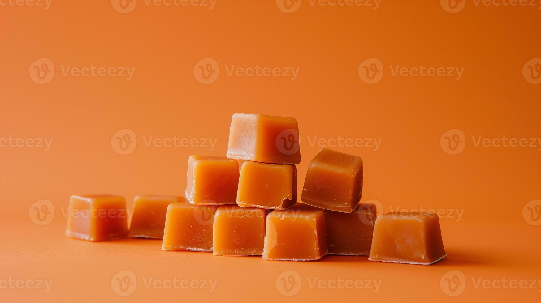 Several caramel candies arranged in a pyramid shape on a flat background, emphasizing their consistent form, photorealistic food photo