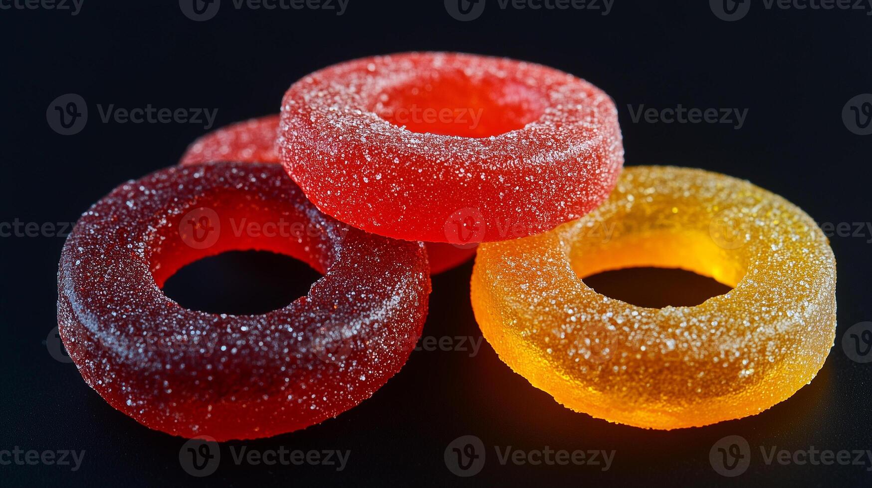 Chili-flavored gummy rings on a black background, uniformly shaped, photorealistic food photo