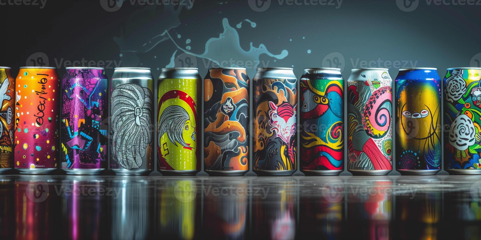 Collection of craft beer cans arranged in a row, highlighting different designs, meal photography photo