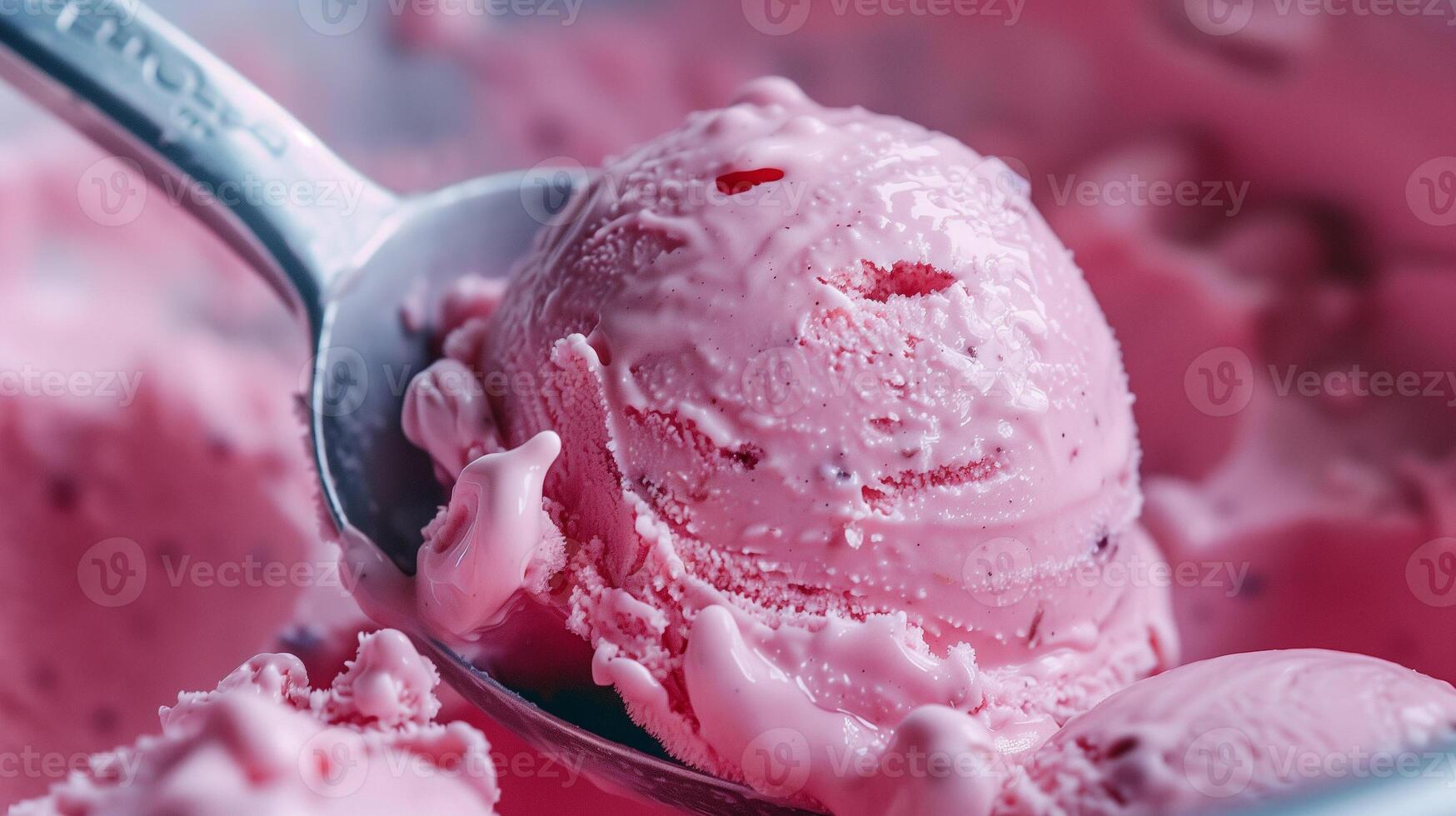 Close-up of a metal scooper lifting a scoop of ice cream from a tub, meal photography photo