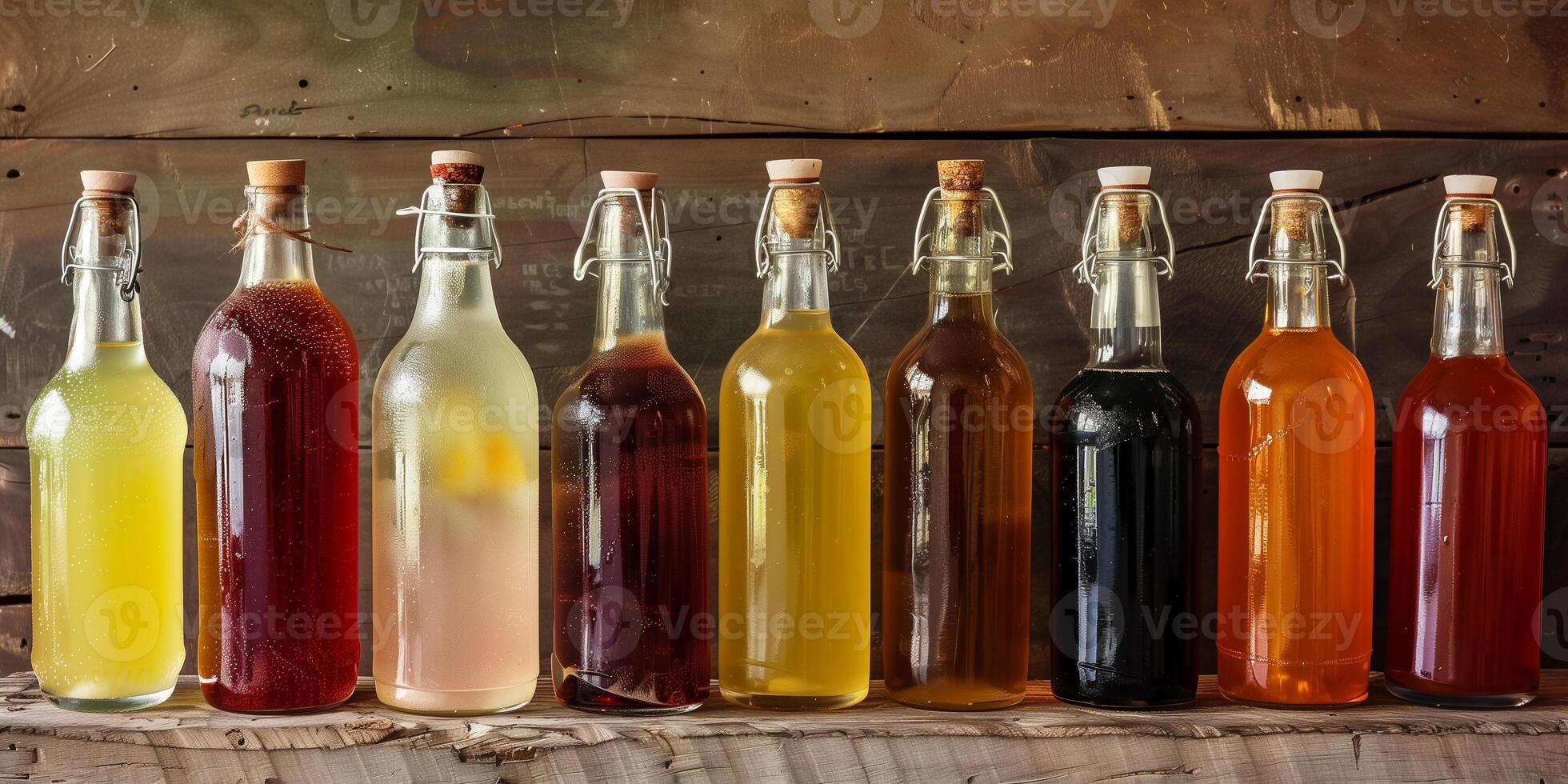 Collection of fermented beverage bottles with different colored liquids, in a row, food setting photo