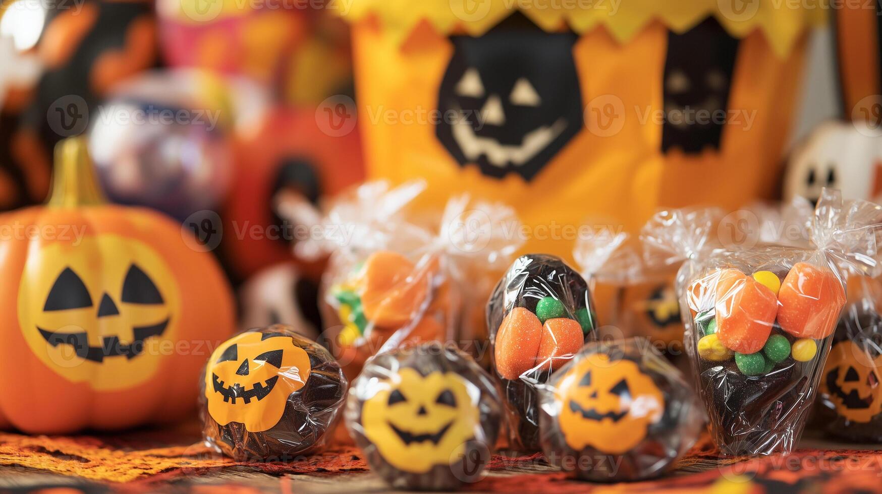 Individually wrapped Halloween candies displayed on a table with decorative elements, meal photography photo