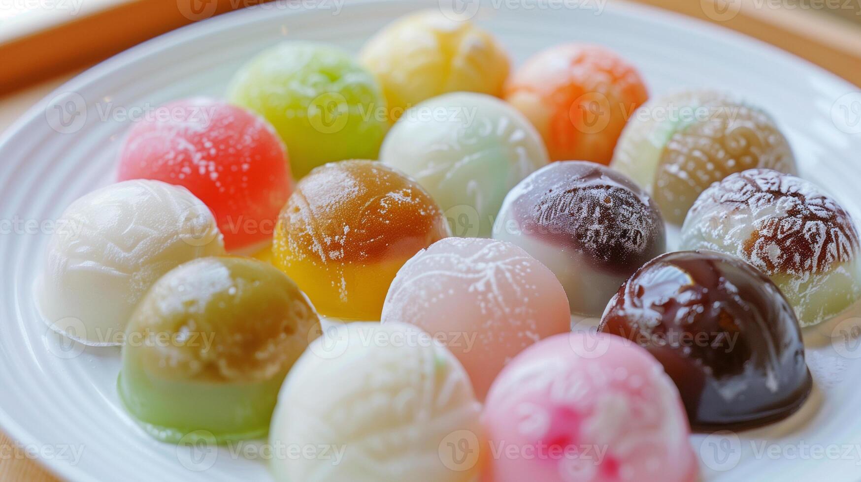 Mochi cakes with different colors and fillings on a white plate, food setting photo