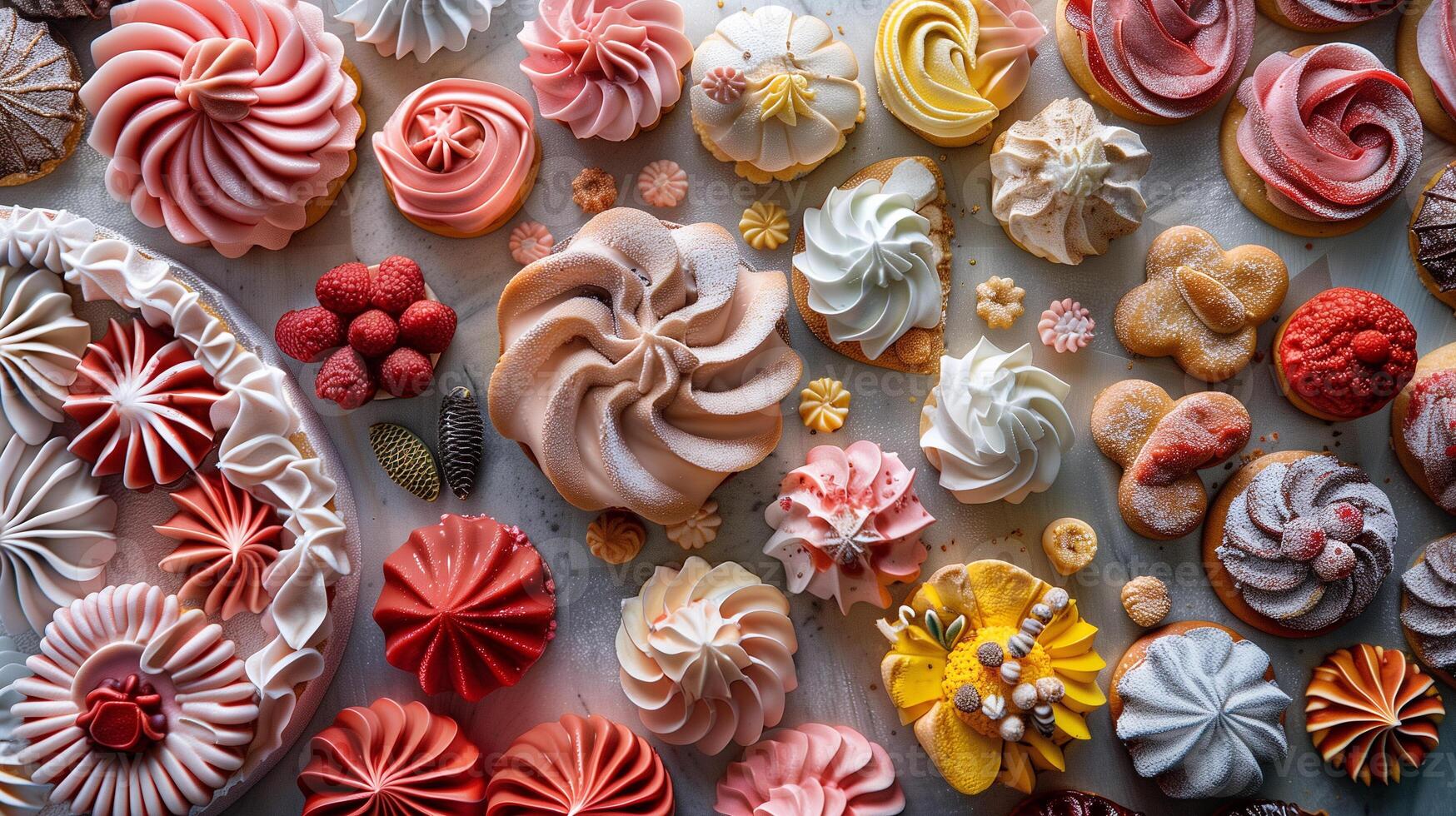Intricately shaped sugary desserts in distinct colors spread out on a table, food setting photo