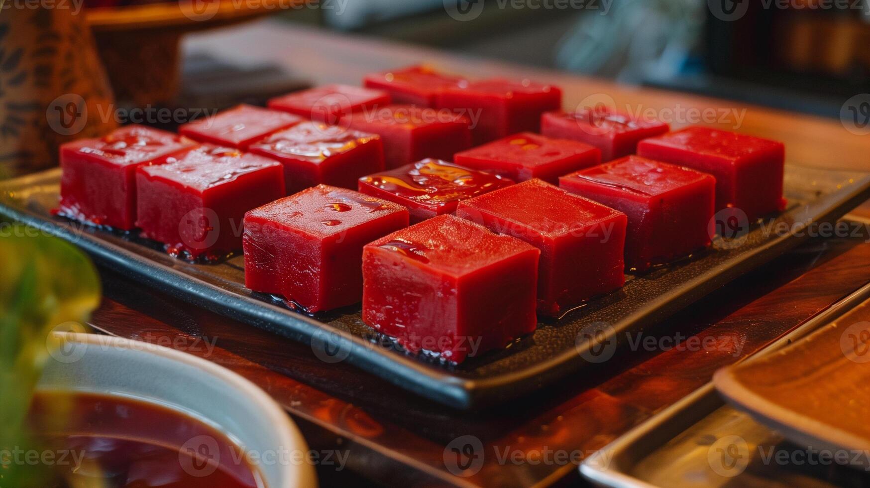 Collection of uniform rectangular red bean cakes on a serving dish, food setting photo