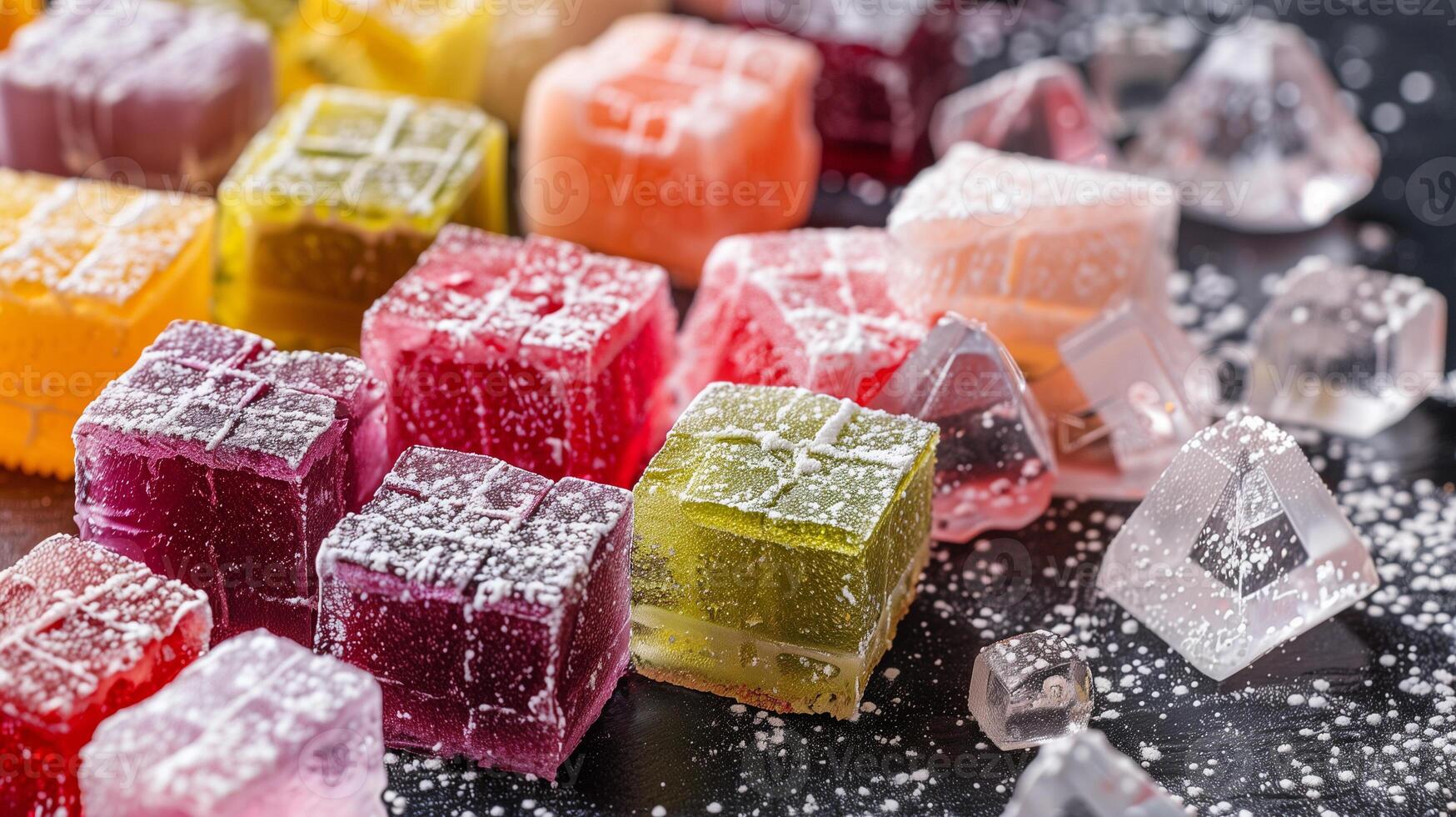 Collection of Turkish delight showing different colors and powdered sugar coating, food setting photo