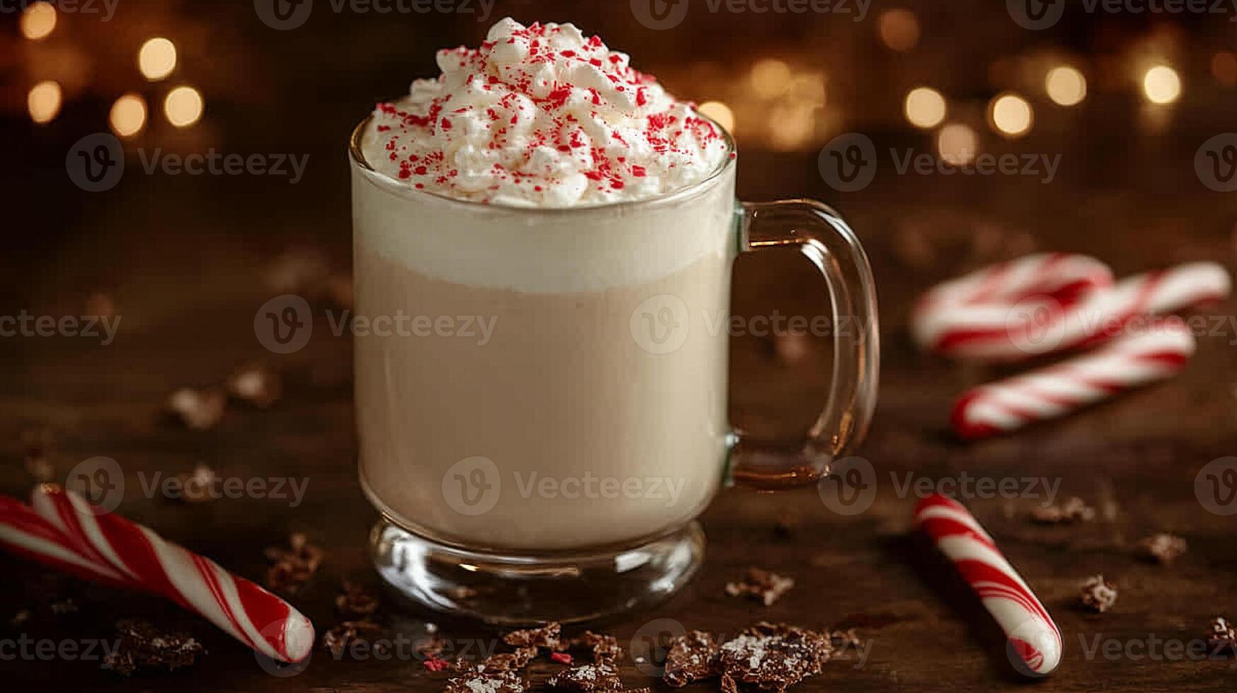 Frothy beverage in a clear mug, surrounded by peppermint bark and candy canes, food setting photo