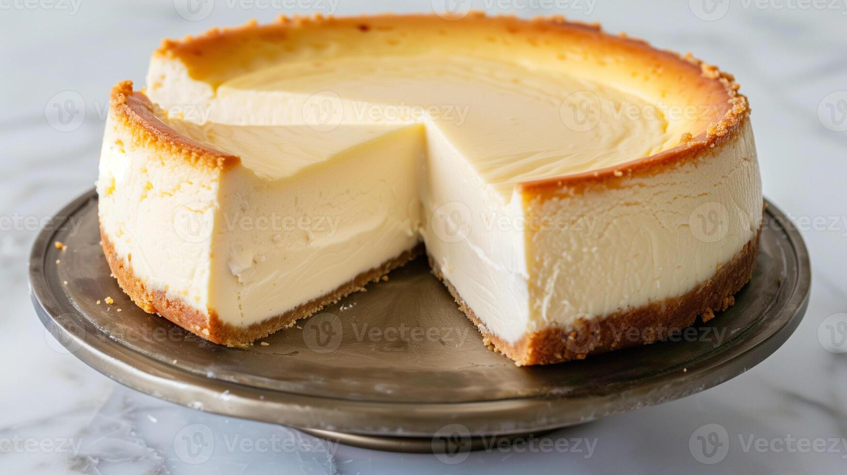 Frozen cheesecake with visible slice showing uniform filling and consistent crust layer, meal photography photo