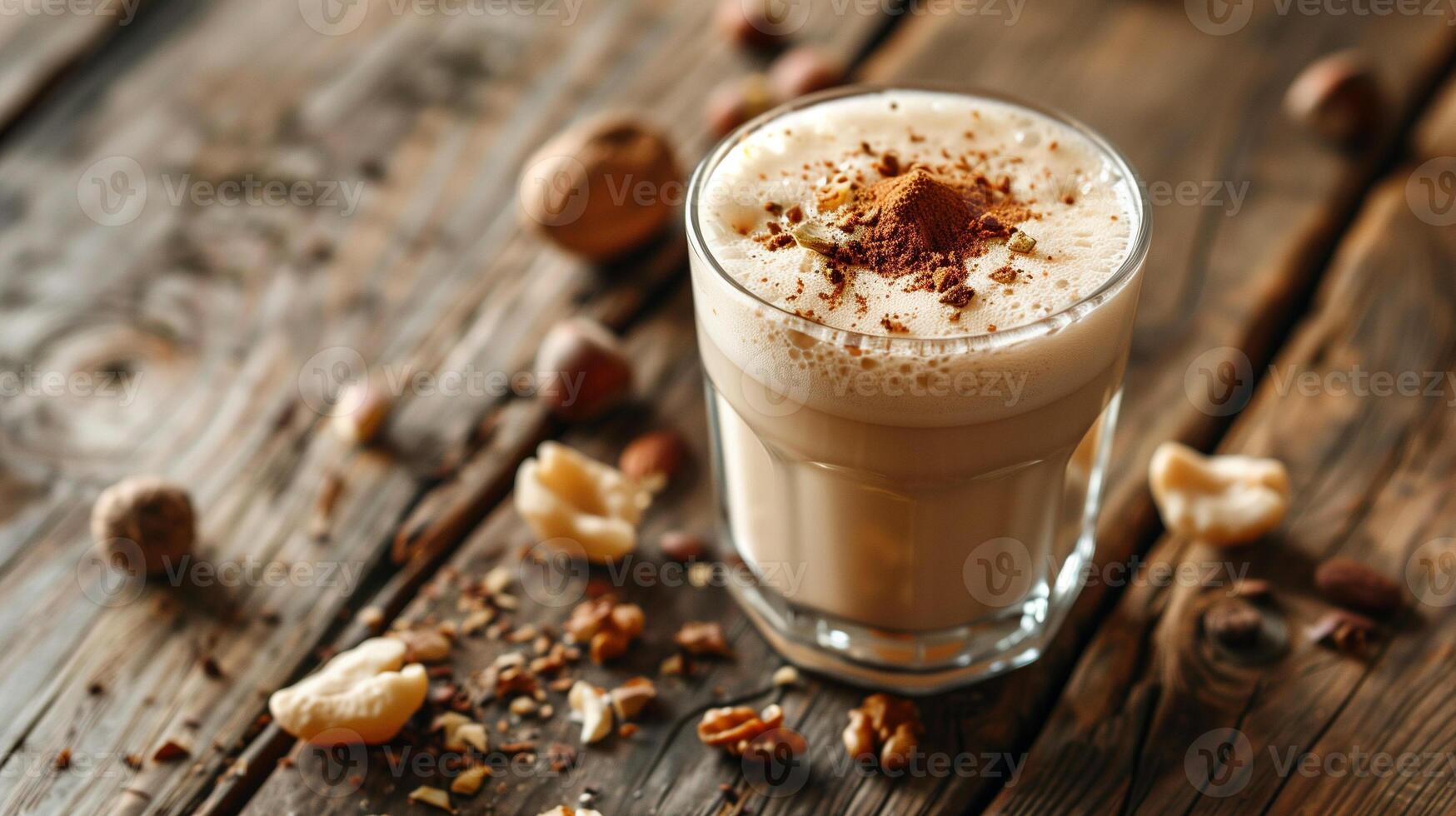 Frothy liquid in a glass, surrounded by a few scattered nut pieces on a wooden table, food setting photo