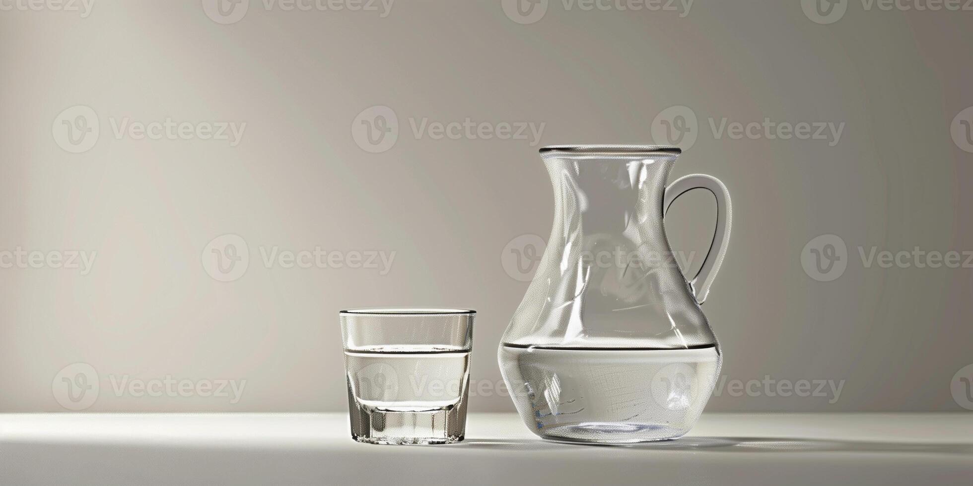 Glass carafe and matching cup, both filled with a transparent, colorless liquid, food setting photo