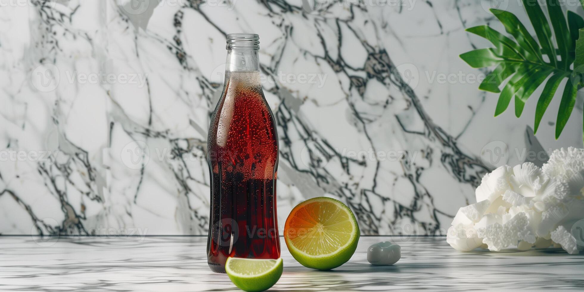 Glass bottle of dark, fizzy drink next to a lime wedge on a marble counter, food setting photo