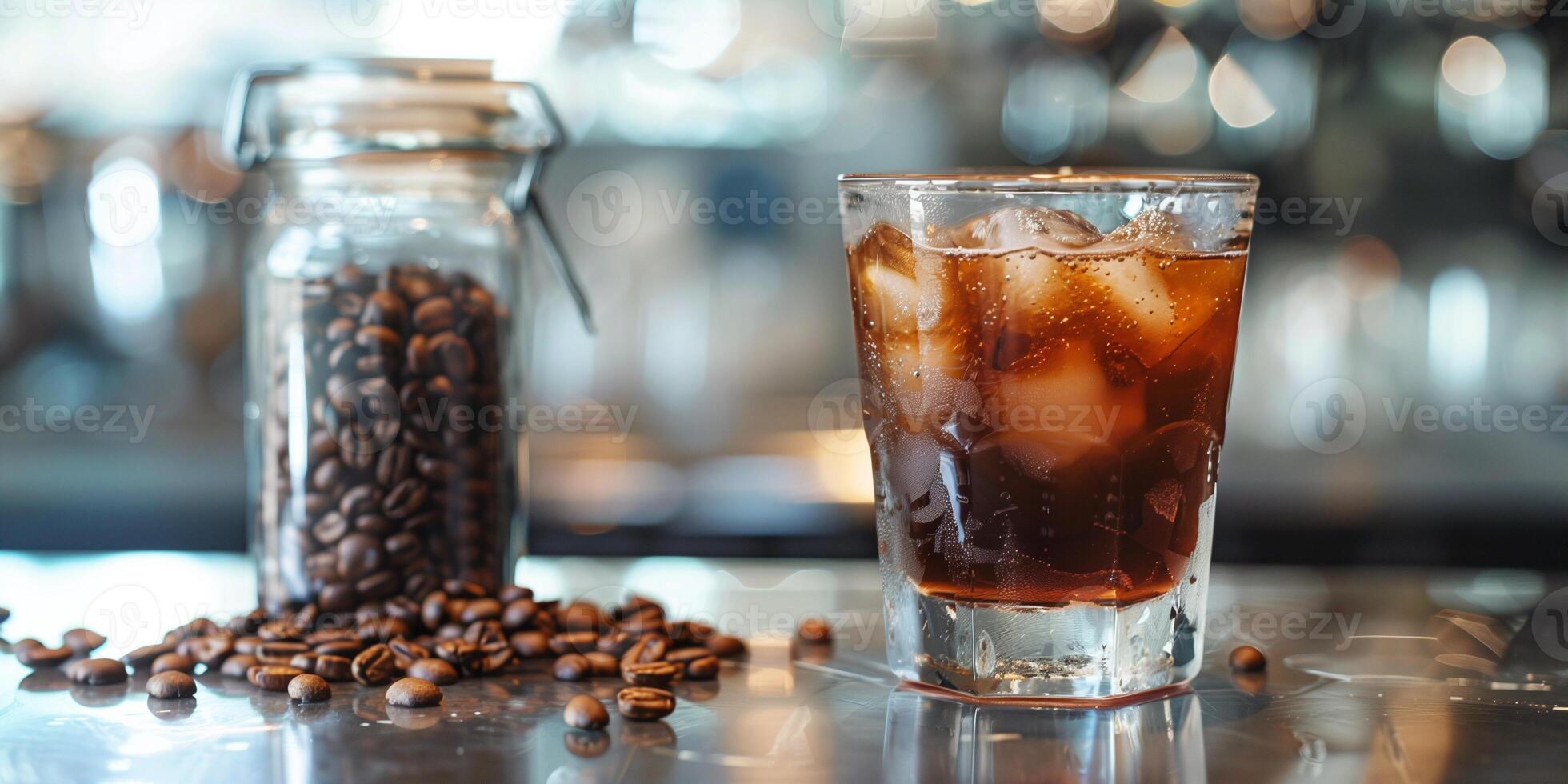 Glass filled with cold brew and ice next to a small jar of coffee beans on a table, food setting photo