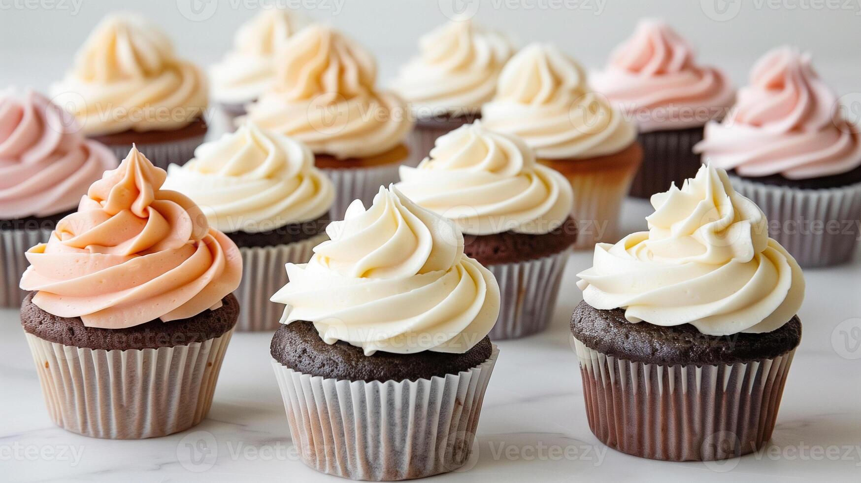 Group of cupcakes with swirled frosting and simple decoration, meal photography photo