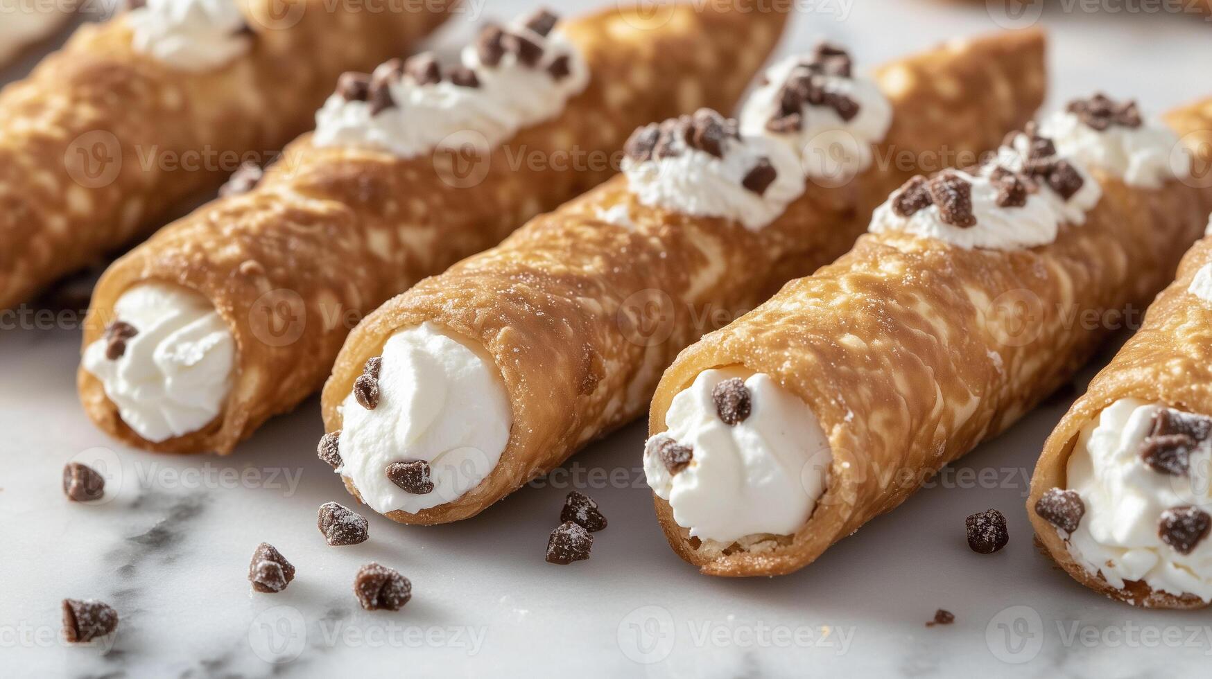 Group of cannoli displayed on a marble surface, with filling visible at each end, food setting photo