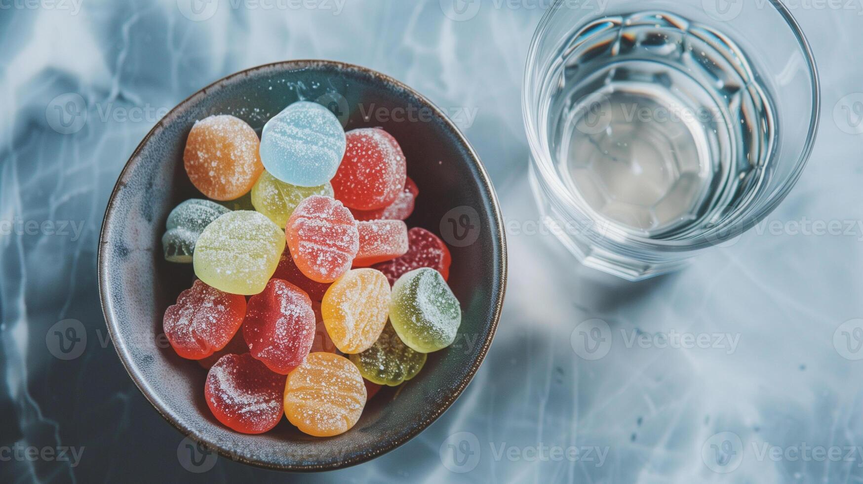 High-angle shot of a bowl containing sweet and salty candies beside a clear glass of water, meal photography photo