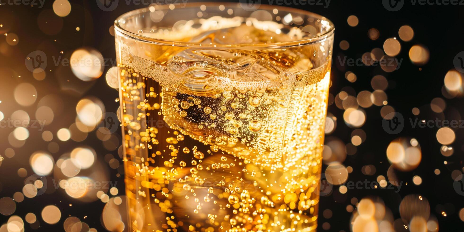 Highball glass with golden carbonated drink and bubbles, meal photography photo