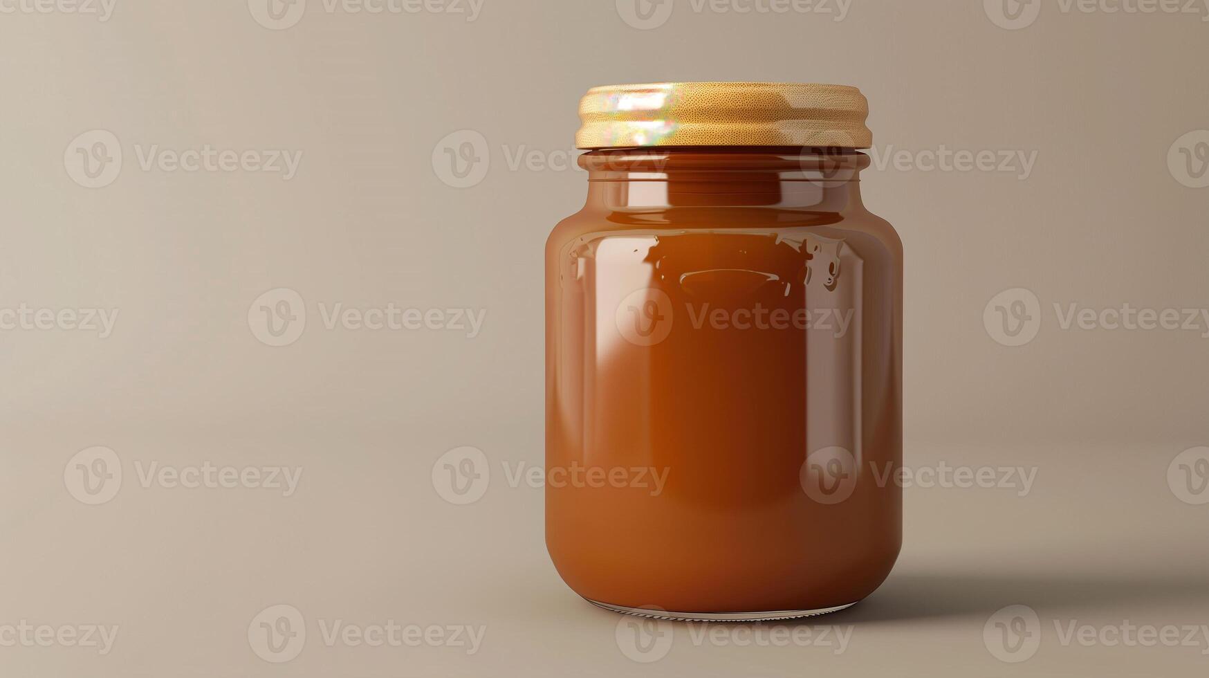 Jar of caramel sauce with a metal lid on a white marble surface, meal photography photo