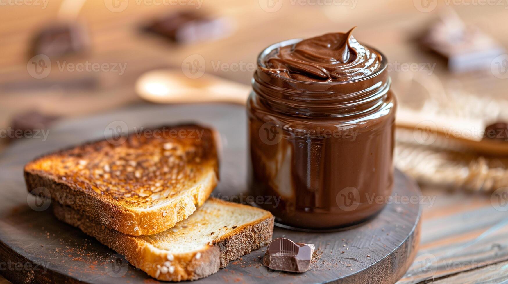Jar of chocolate spread with lid removed, sitting beside a slice of toasted bread, meal photography photo