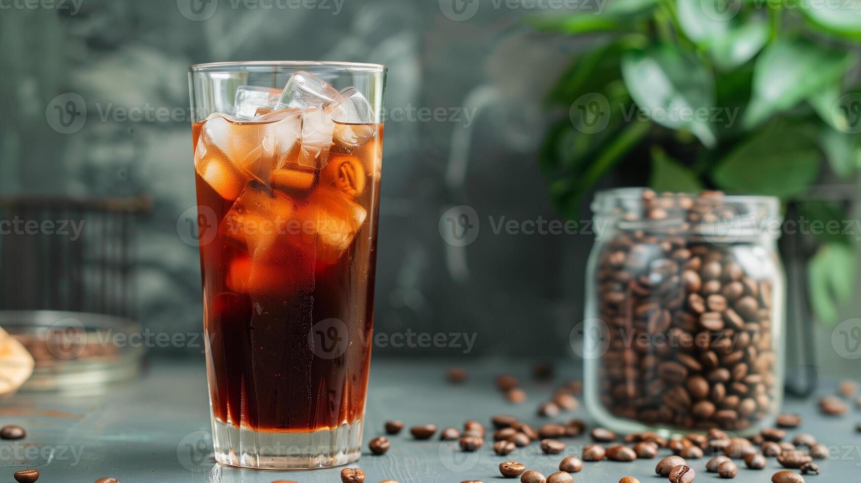 Tall glass of cold brew coffee with ice on a wooden tray with a metal straw beside it, meal photography photo