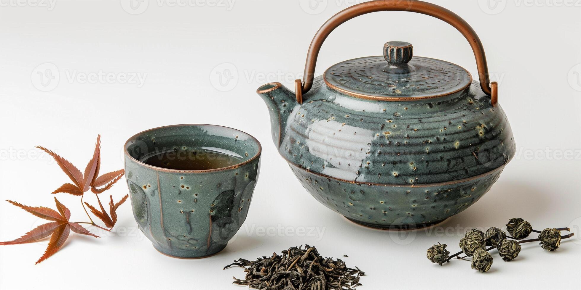 Teapot and cup filled with gyokuro tea, with loose leaves placed beside them, food setting photo
