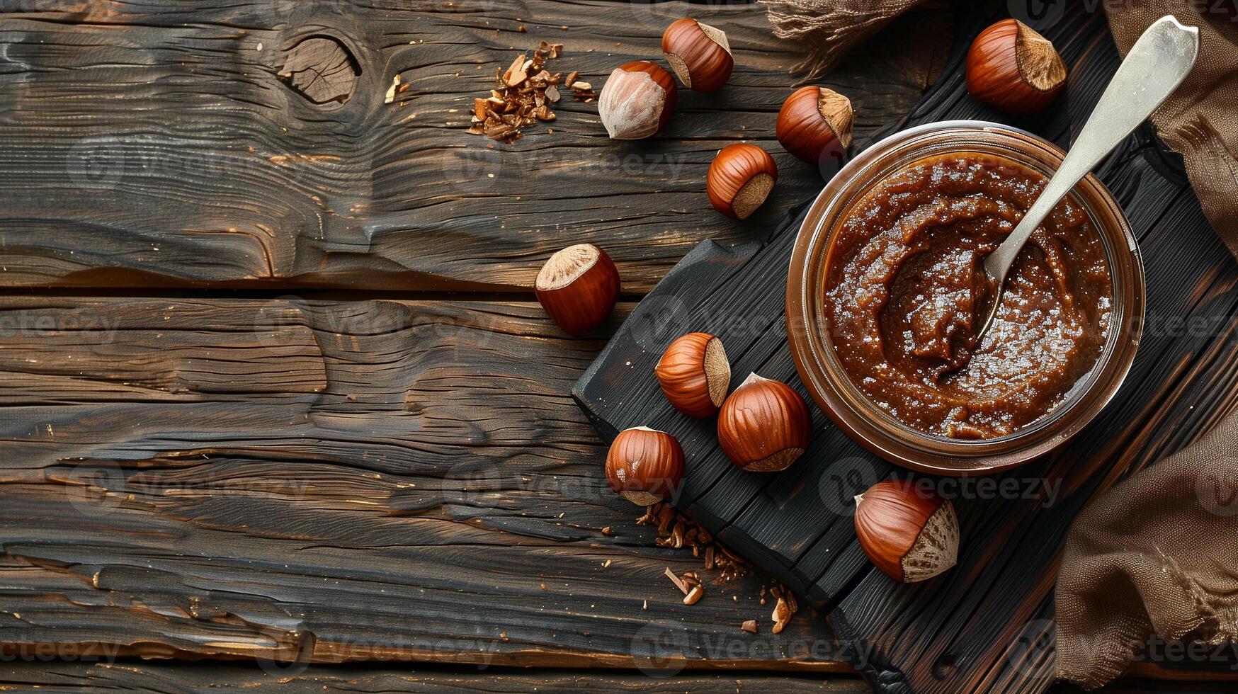 Top-down view of jar of hazelnut spread next to spreading knife on wooden table, food setting photo