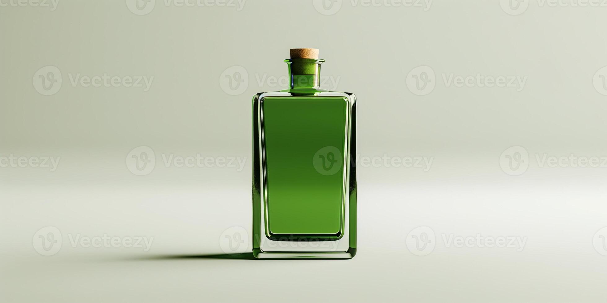 Transparent bottle containing a green liquid, positioned upright on a plain white background, meal photography photo