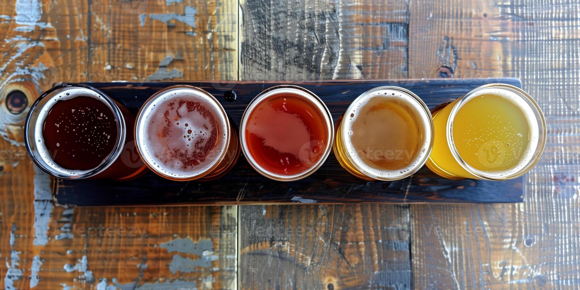 Top-down view of a craft beer flight, showcasing five different varieties, meal photography photo