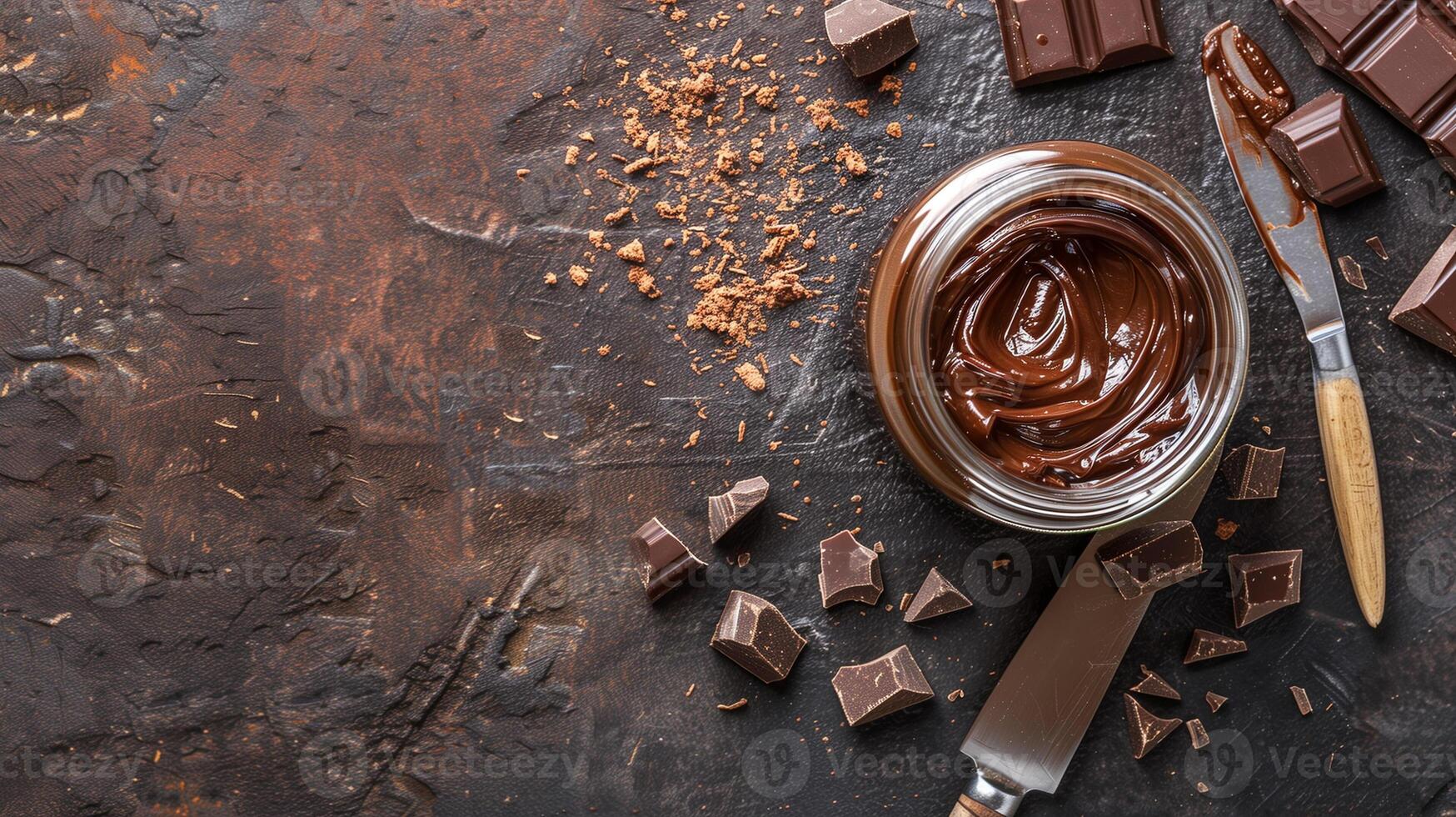 Top-down view of open jar of chocolate spread next to spreading knife, meal photography photo