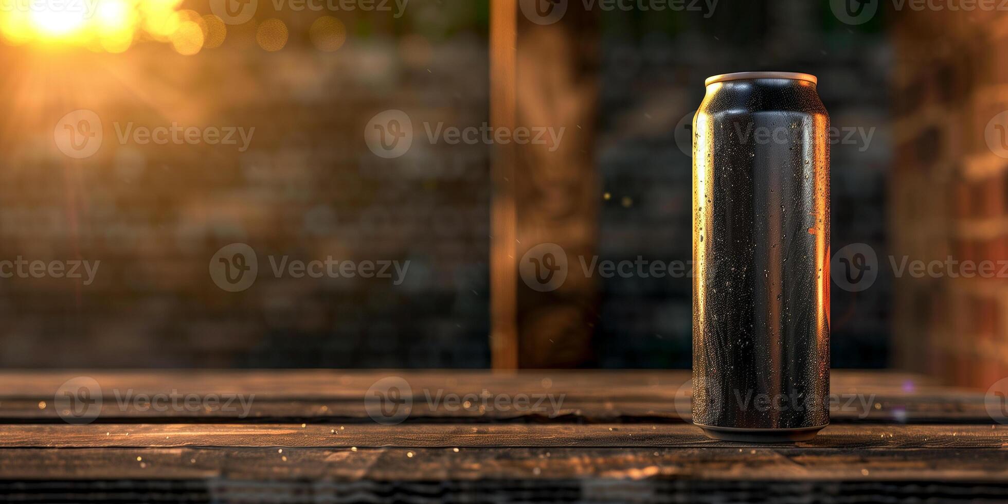 An energy drink can on a wooden surface, with minimalistic background elements highlighting the product, meal photography photo